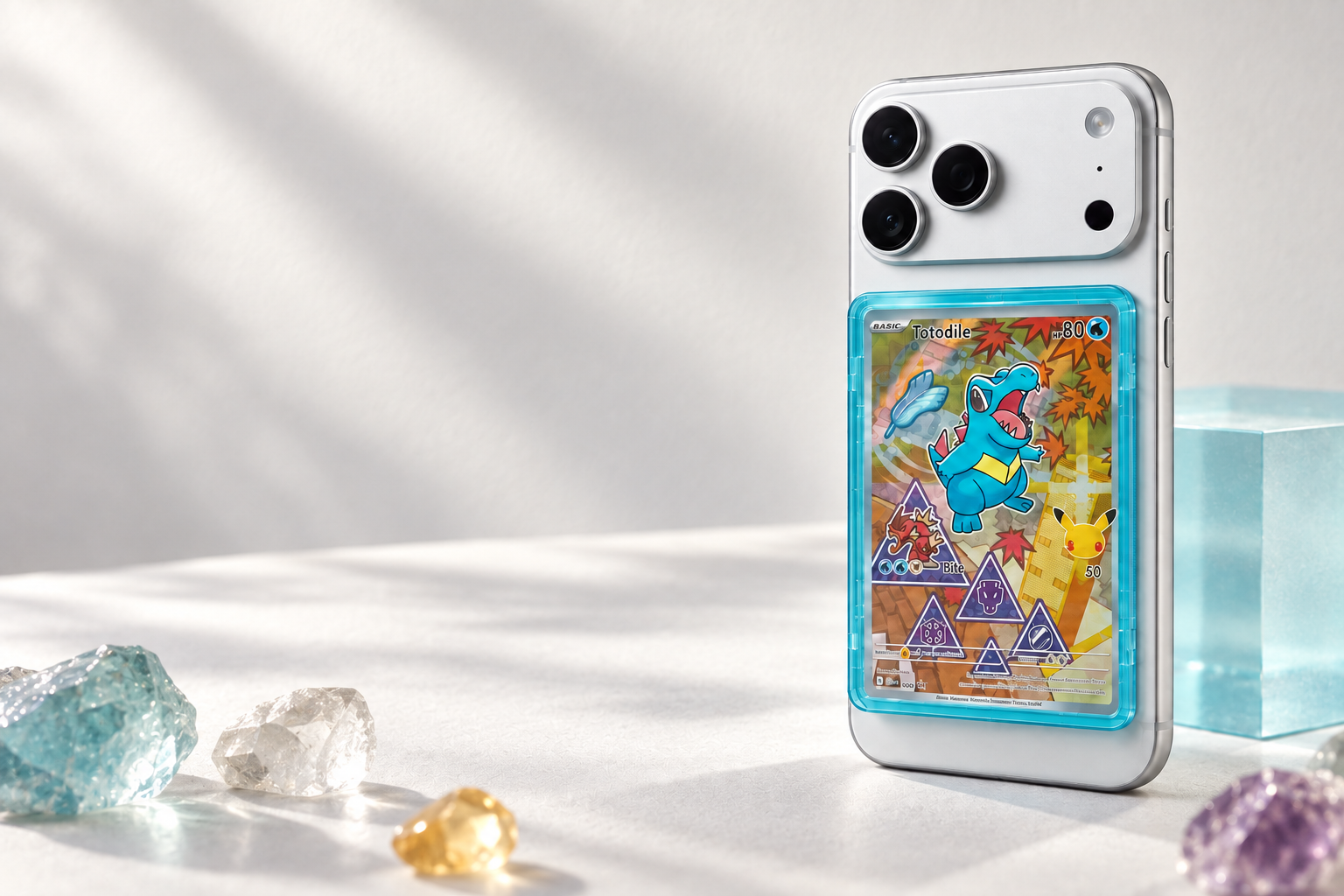 SHOWCASED® Gem MagSafe trading card display attached to the back of an iPhone, holding a trading card