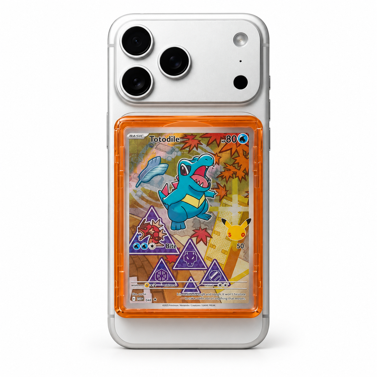 SHOWCASED® Gem MagSafe trading card display in Amber orange, attached to the back of a phone