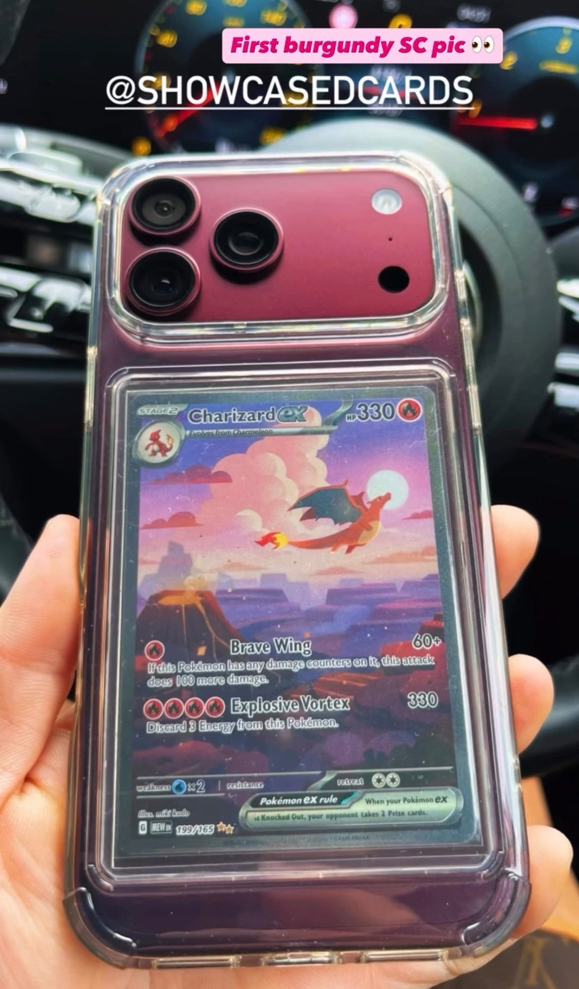 Customer photo of a burgundy iPhone 18 Pro Max in a SHOWCASED Crystal Clear Signature Series trading card phone case with a Charizard ex card displayed